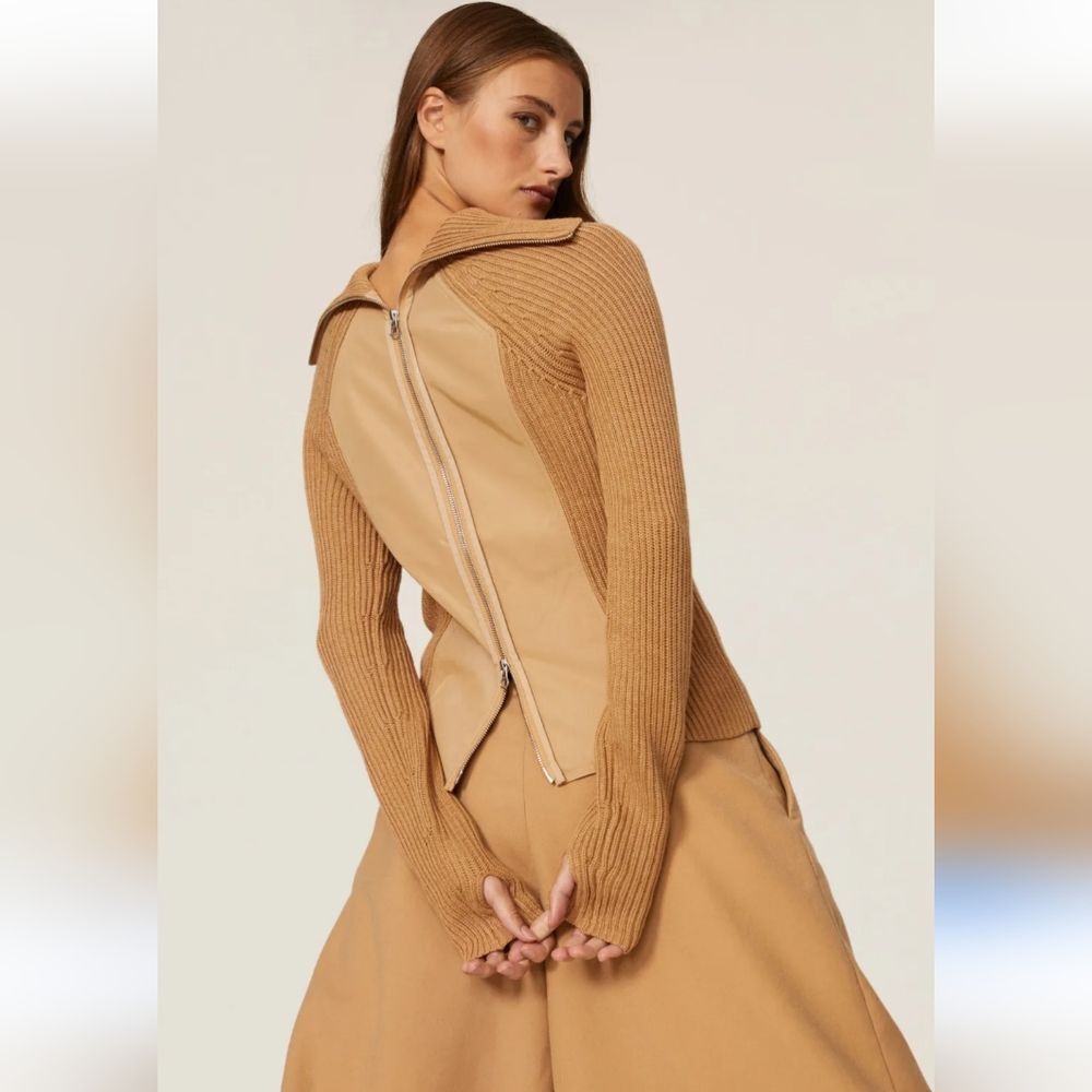 Kaufman Franco Tan Ribbed Zip-Back Turtleneck Sweater Size XS